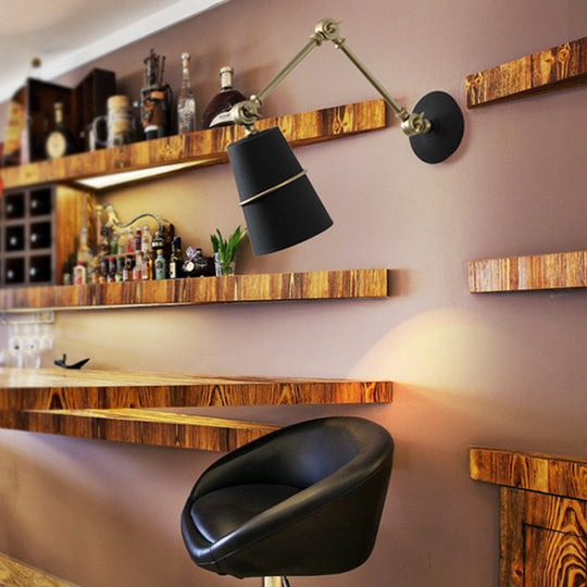 Modernist Metal Conical Sconce with Adjustable Arm - Wall Mounted 1-Head Light in White/Black