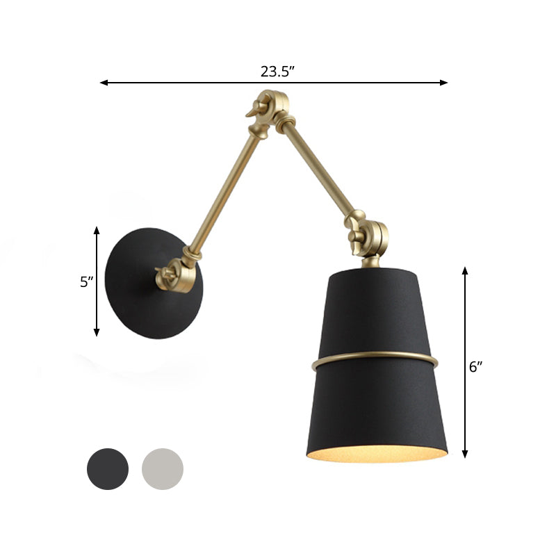 Modernist Metal Conical Sconce with Adjustable Arm - Wall Mounted 1-Head Light in White/Black