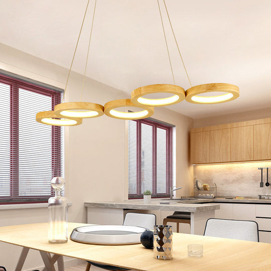 Modern Wooden Pendant Light: 4/5-Light Dining Room Chandelier, Beige LED Orb Shade in Warm Light