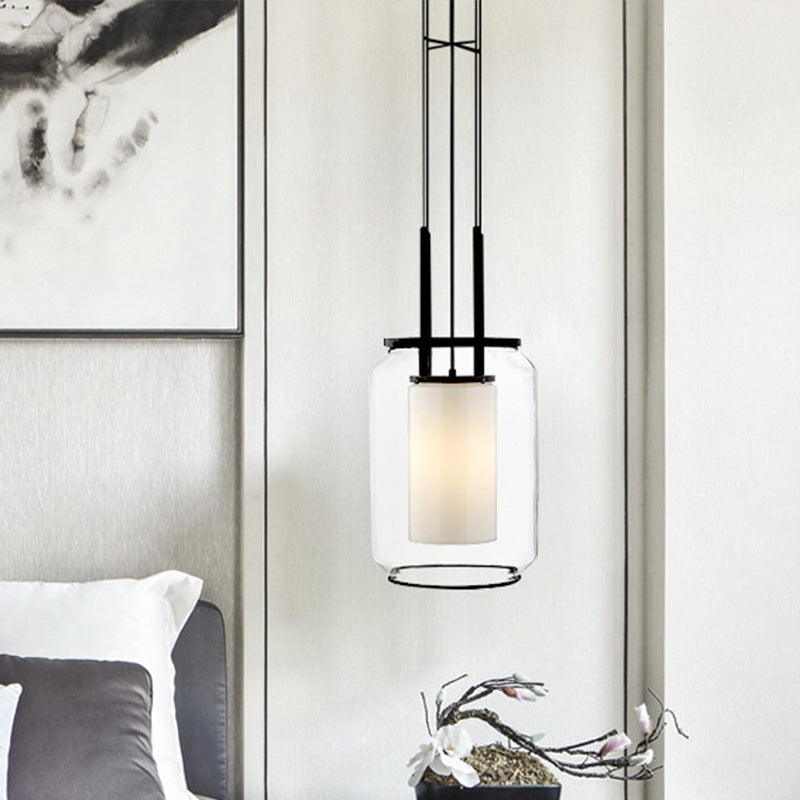 Modern Black Hanging Pendant with Clear Glass Shade for Bedroom - Down Lighting