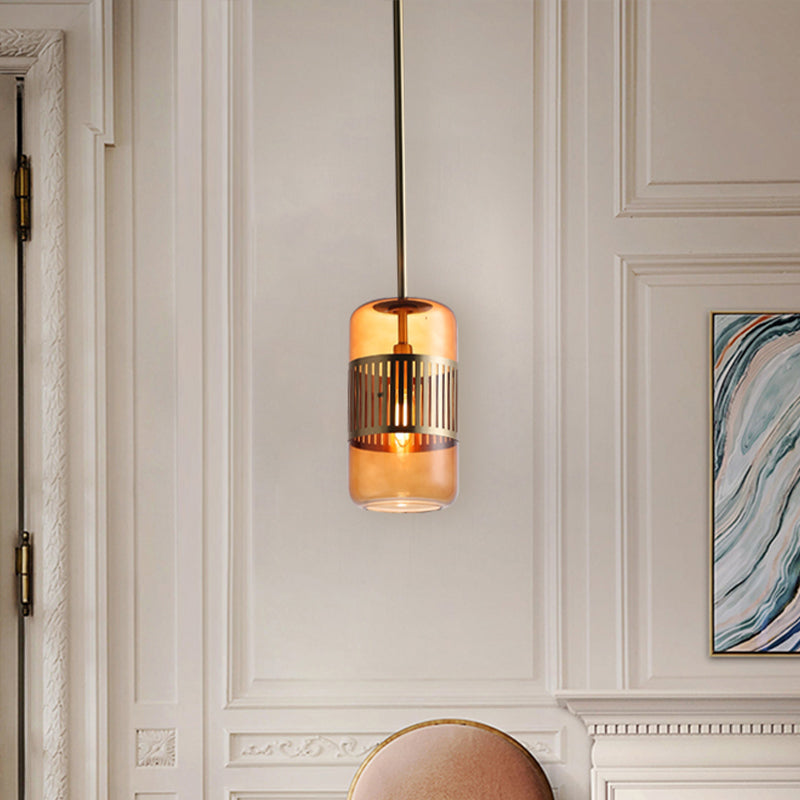 Minimalist Amber/Green Glass Cylinder Kitchen Island Pendant Light - 1 Head Ceiling Fixture