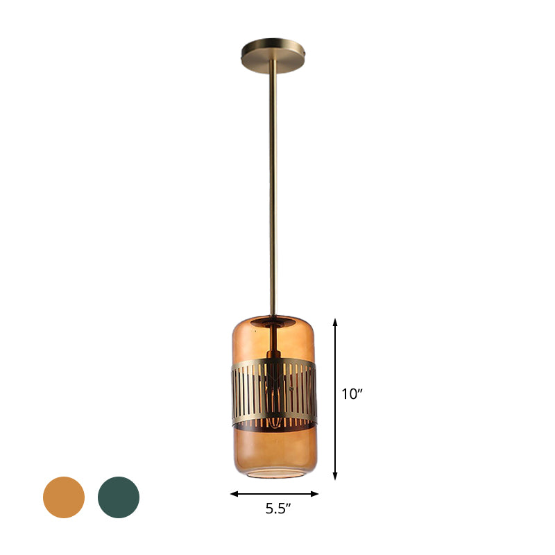 Minimalist Amber/Green Glass Cylinder Kitchen Island Pendant Light - 1 Head Ceiling Fixture