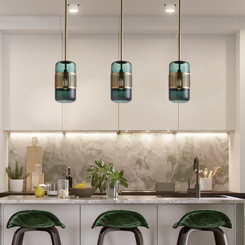 Minimalist Amber/Green Glass Cylinder Kitchen Island Pendant Light - 1 Head Ceiling Fixture