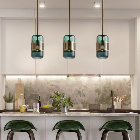 Minimalist Amber/Green Glass Cylinder Kitchen Island Pendant Light - 1 Head Ceiling Fixture
