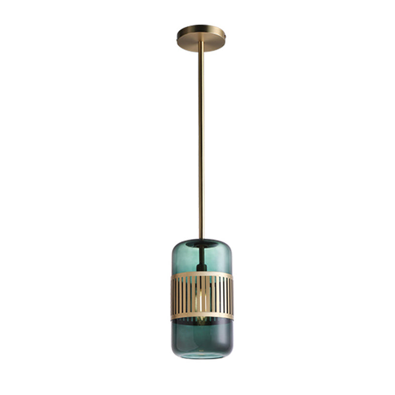 Minimalist Amber/Green Glass Cylinder Kitchen Island Pendant Light - 1 Head Ceiling Fixture