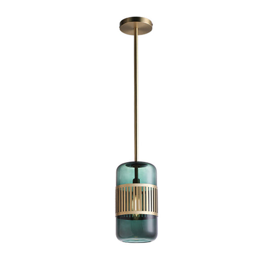Minimalist Amber/Green Glass Cylinder Kitchen Island Pendant Light - 1 Head Ceiling Fixture