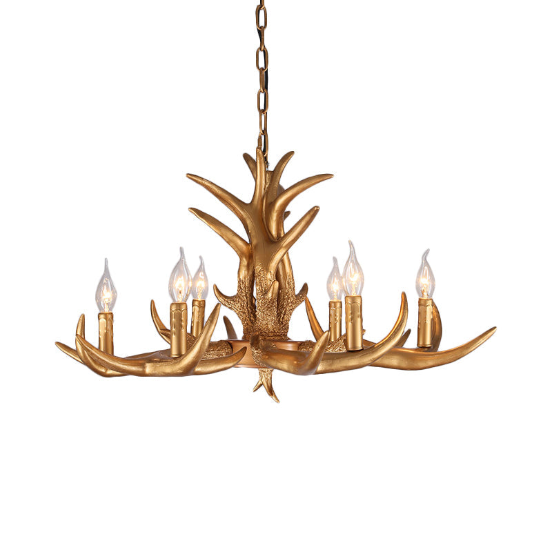 Countryside Antler Hanging Pendant 6 Lights Resin Ceiling Chandelier in Gold for Living Room