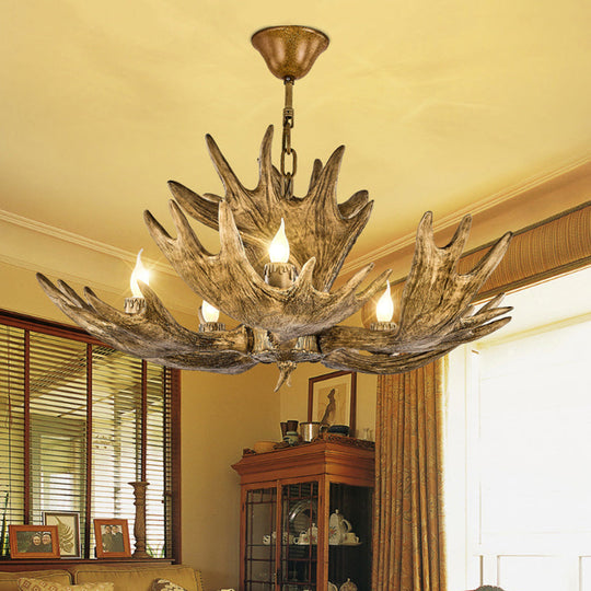 Deer Antler Resin Ceiling Light Traditional 5-Bulb Living Room Pendant Chandelier in Brown