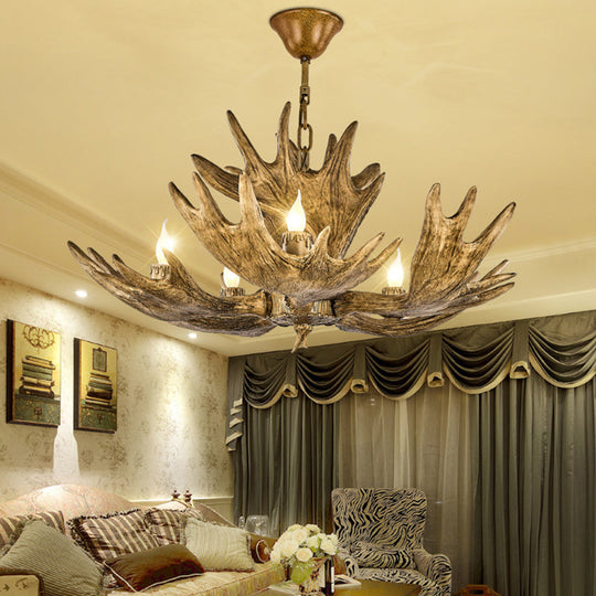 Deer Antler Resin Ceiling Light Traditional 5-Bulb Living Room Pendant Chandelier in Brown