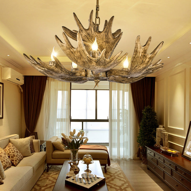 Deer Antler Resin Ceiling Light Traditional 5-Bulb Living Room Pendant Chandelier in Brown