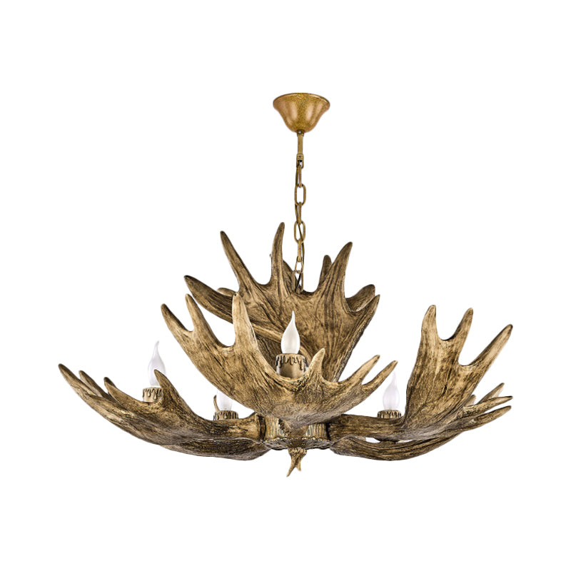 Deer Antler Resin Ceiling Light Traditional 5-Bulb Living Room Pendant Chandelier in Brown