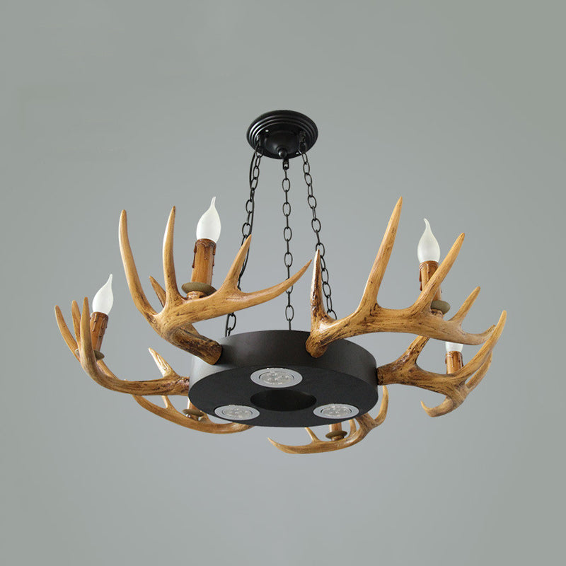 Village Wood Candelabra Chandelier - 6-Light Resin Lamp for Living Room Pendant Lighting