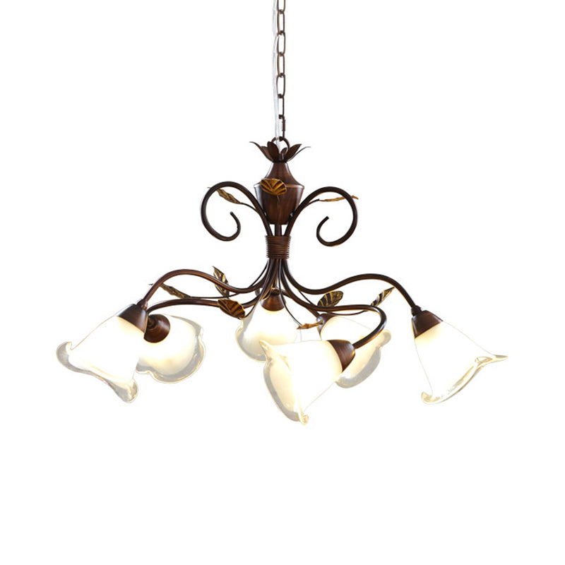 Modern 6-Light Bedroom Chandelier: Red Brown Pendant Light with Frosted Flower Glass Shade