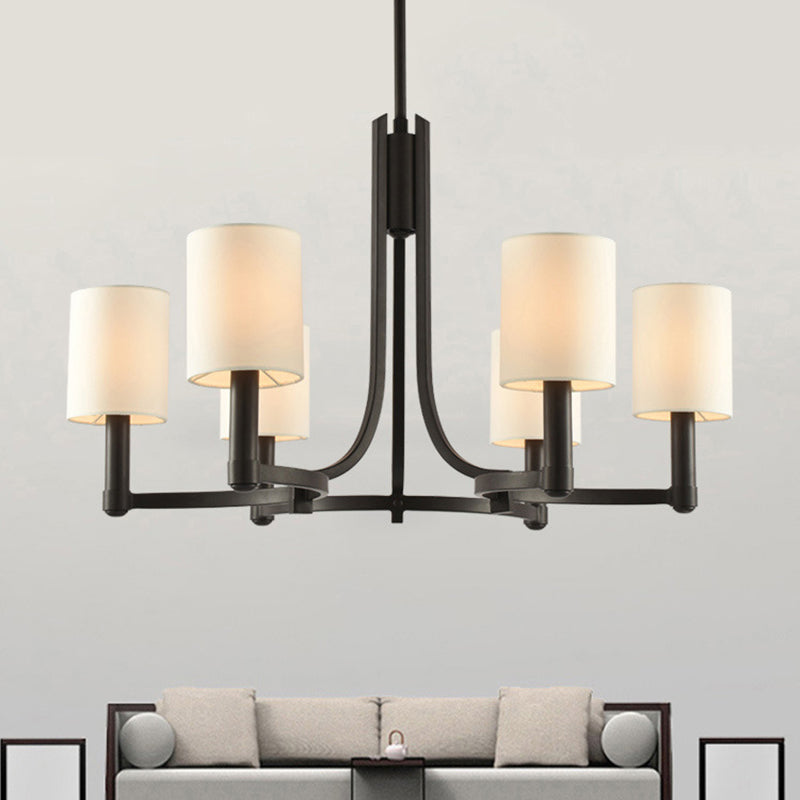 White Fabric Cylindrical Chandelier with 6 Lights - Traditional Living Room Hanging Lamp