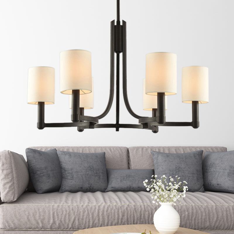 White Fabric Cylindrical Chandelier with 6 Lights - Traditional Living Room Hanging Lamp