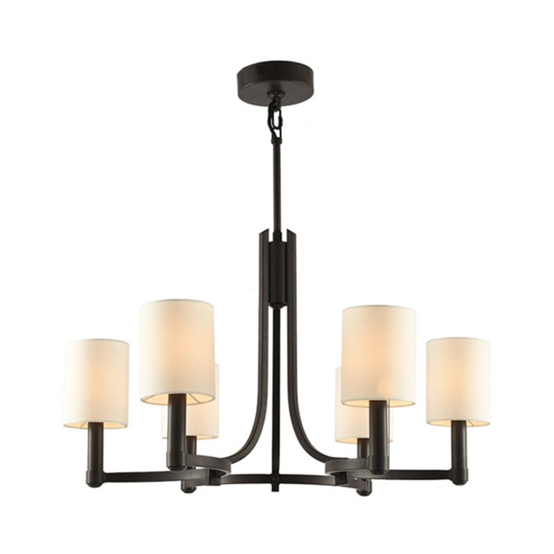 White Fabric Cylindrical Chandelier with 6 Lights - Traditional Living Room Hanging Lamp