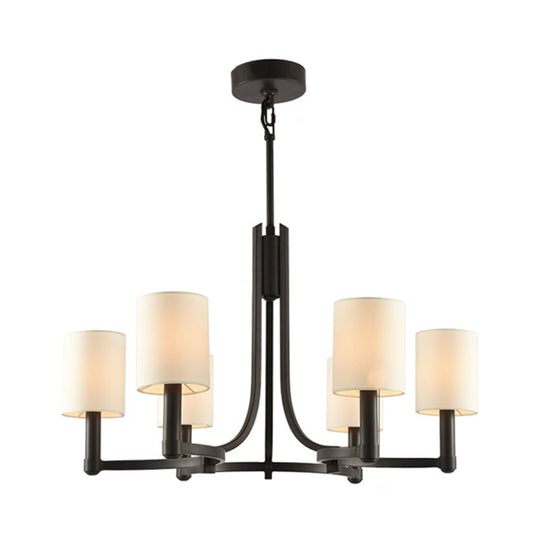 White Fabric Cylindrical Chandelier with 6 Lights - Traditional Living Room Hanging Lamp
