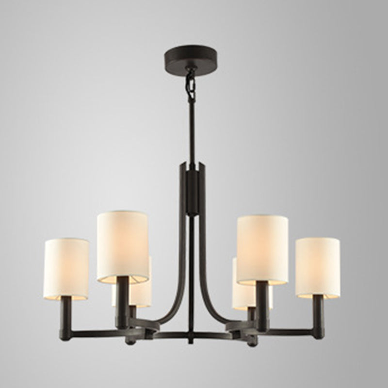 White Fabric Cylindrical Chandelier with 6 Lights - Traditional Living Room Hanging Lamp