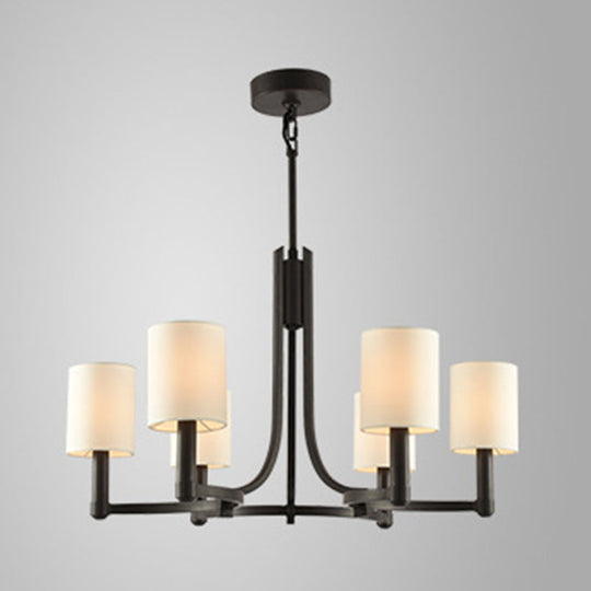White Fabric Cylindrical Chandelier with 6 Lights - Traditional Living Room Hanging Lamp