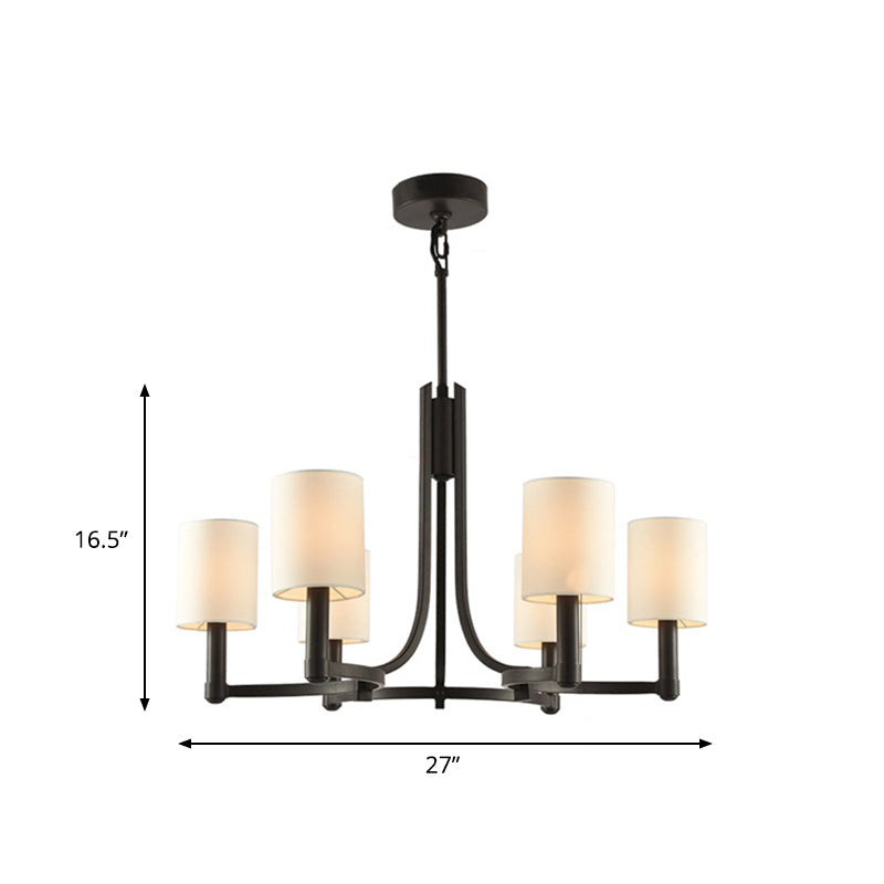 White Fabric Cylindrical Chandelier with 6 Lights - Traditional Living Room Hanging Lamp