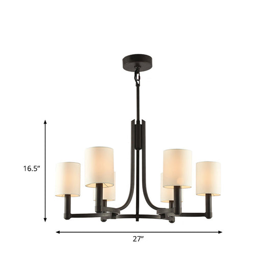 White Fabric Cylindrical Chandelier with 6 Lights - Traditional Living Room Hanging Lamp