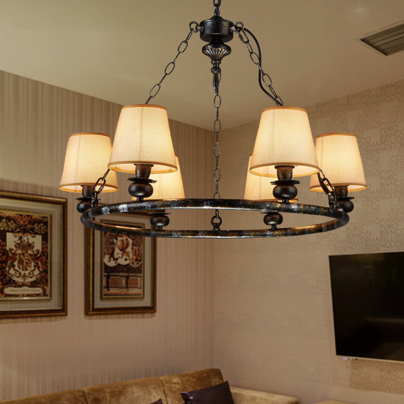 Rustic Ring Pendant Chandelier - 6-Light Fabric Ceiling Light in Black for Living Room