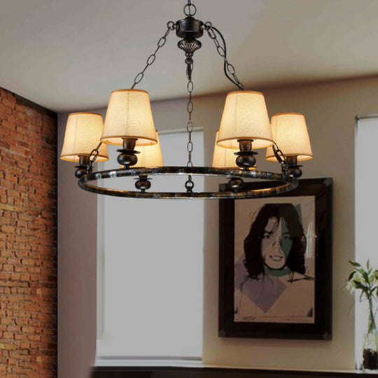 Rustic Ring Pendant Chandelier - 6-Light Fabric Ceiling Light in Black for Living Room