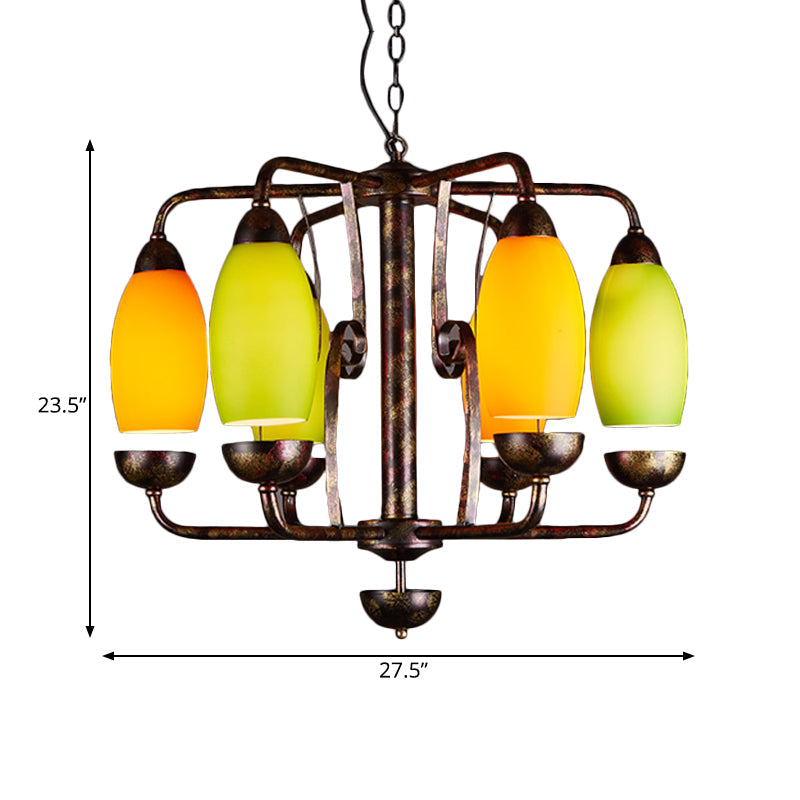 Rustic 6-Light Chandelier with Orange and Green Glass Shades - Perfect Bar Pendant Lamp