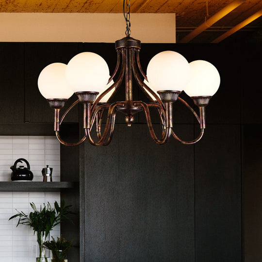Rustic Opal Glass Sphere Chandelier Lamp - 6-Head Pendant Ceiling Light for Restaurants