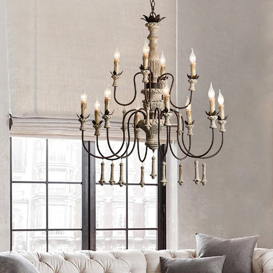 Rustic Brown 2-Tier Wood Chandelier Pendant Light - 12 Heads, Curved Metal Arm - for Living Room