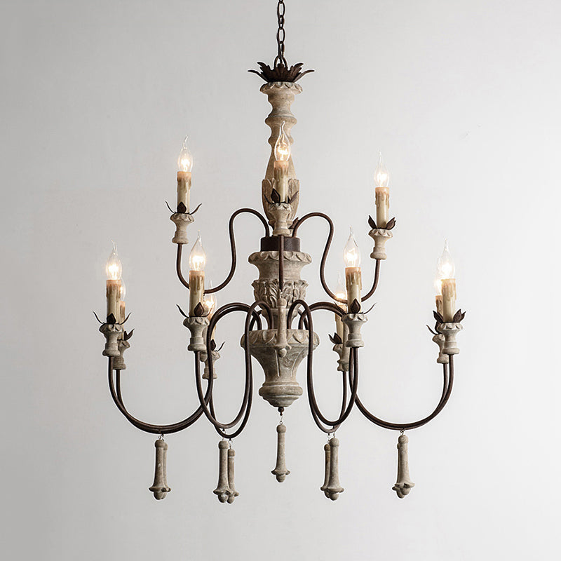 Rustic Brown 2-Tier Wood Chandelier Pendant Light - 12 Heads, Curved Metal Arm - for Living Room