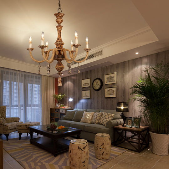 Metal Brown Chandelier Candle with 6 Bulbs – Traditional Pendant Light Fixture