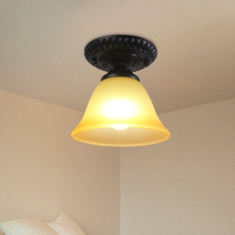 Traditional White/Amber Glass Flush Mount Ceiling Lamp for Living Room with 1 Light Cone