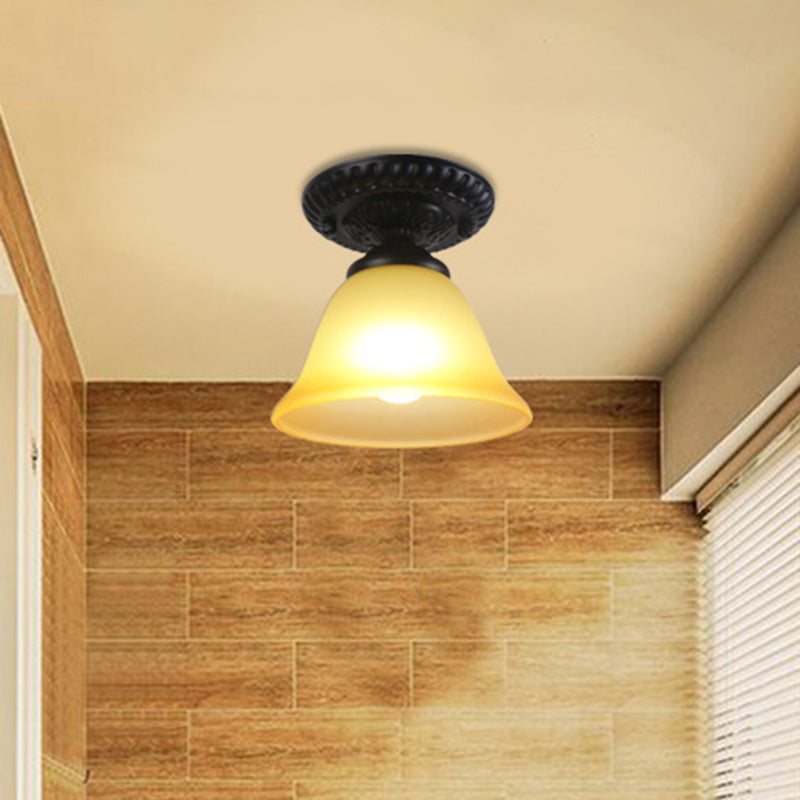 Traditional White/Amber Glass Flush Mount Ceiling Lamp for Living Room with 1 Light Cone