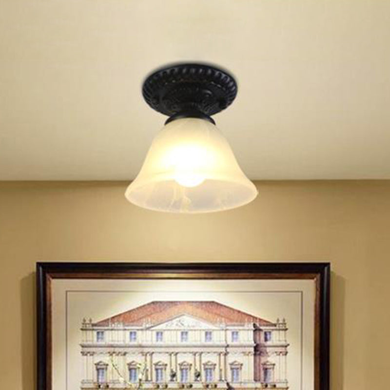 Traditional White/Amber Glass Flush Mount Ceiling Lamp for Living Room with 1 Light Cone