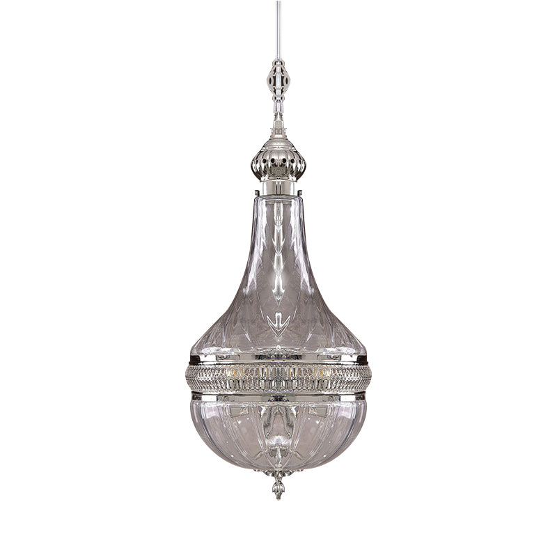 Clear Glass Brass/Chrome Gourd Chandelier - 12"/16" Wide, Colonial Design, 4 Bulbs Ceiling Light