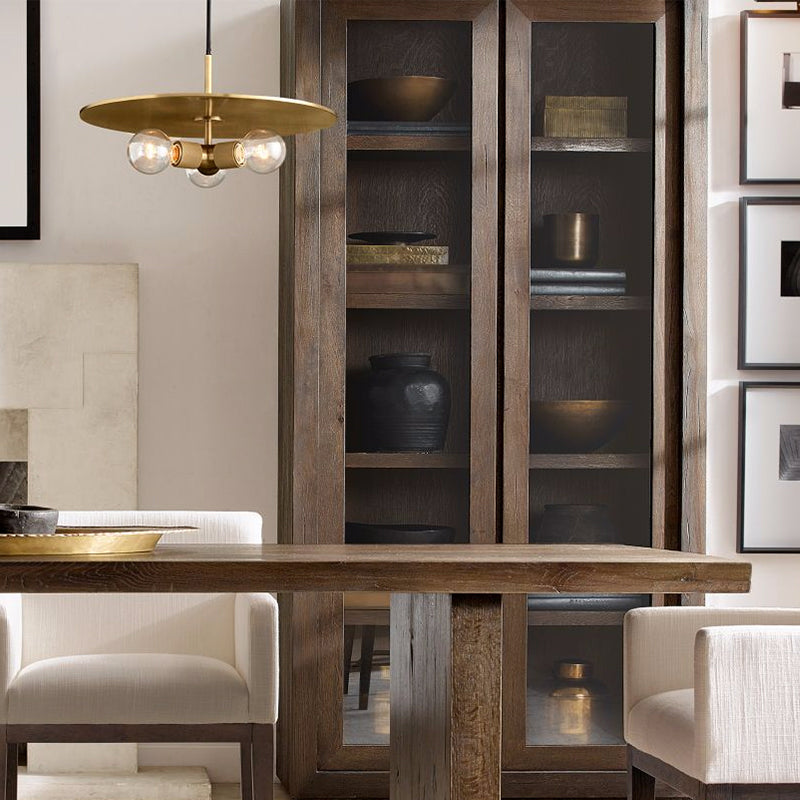 Retro Exposed Bulb Chandelier Lamp - 3 Heads - Black/Brass/Chrome - Clear Glass Pendant Light with Metal Disc