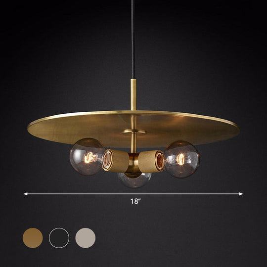 Retro Exposed Bulb Chandelier Lamp - 3 Heads - Black/Brass/Chrome - Clear Glass Pendant Light with Metal Disc