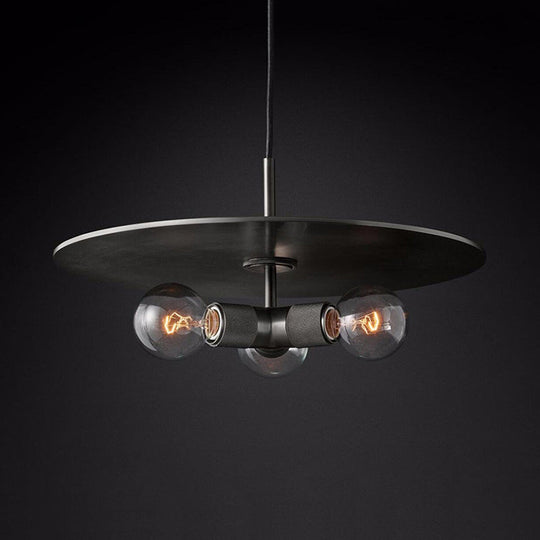 Retro Exposed Bulb Chandelier Lamp - 3 Heads - Black/Brass/Chrome - Clear Glass Pendant Light with Metal Disc