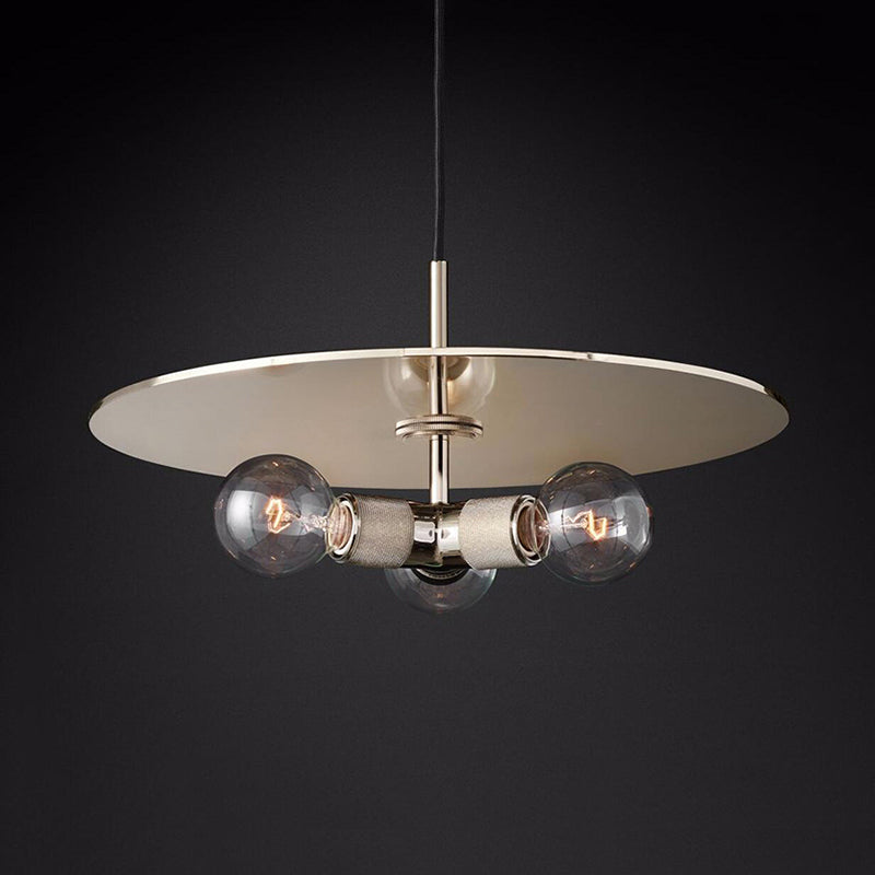 Retro Exposed Bulb Chandelier Lamp - 3 Heads - Black/Brass/Chrome - Clear Glass Pendant Light with Metal Disc