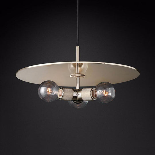 Retro Exposed Bulb Chandelier Lamp - 3 Heads - Black/Brass/Chrome - Clear Glass Pendant Light with Metal Disc