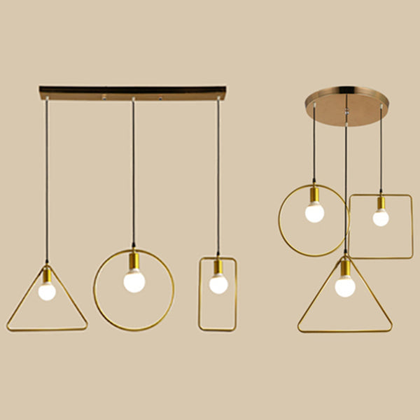 Retro Style Pendant Light: Round/Linear Canopy, Gold Metal Frame, 3 Lights, Different Shade