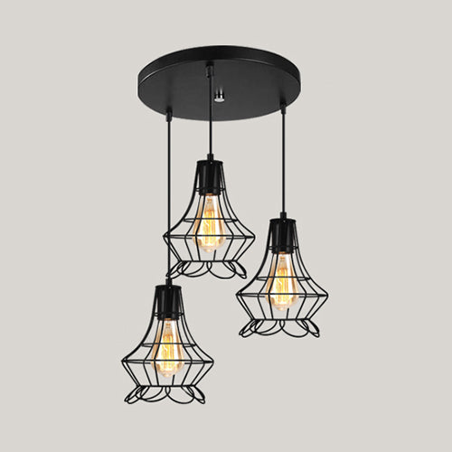 Vintage Industrial Caged Pendant Lighting - 3-Head Metallic Ceiling Light - Black