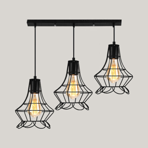 Vintage Industrial Caged Pendant Lighting - 3-Head Metallic Ceiling Light - Black