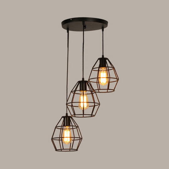 Vintage Industrial Caged Pendant Lighting - 3-Head Metallic Ceiling Light - Black