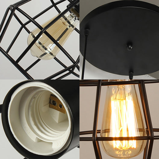 Vintage Industrial Caged Pendant Lighting - 3-Head Metallic Ceiling Light - Black
