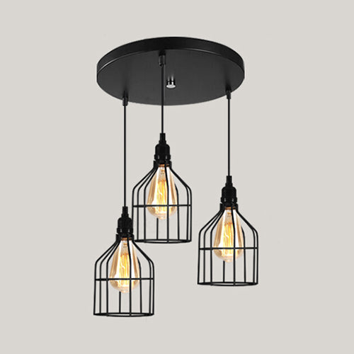 Vintage Industrial Caged Pendant Lighting - 3-Head Metallic Ceiling Light - Black