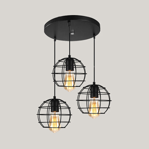 Vintage Industrial Caged Pendant Lighting - 3-Head Metallic Ceiling Light - Black