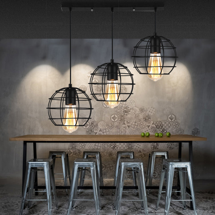 Vintage Industrial Caged Pendant Lighting - 3-Head Metallic Ceiling Light - Black