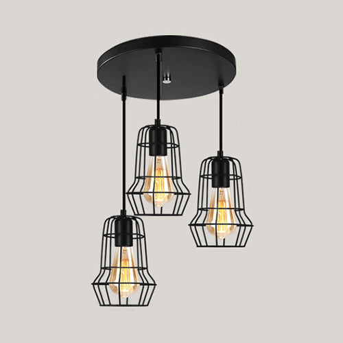 Vintage Industrial Caged Pendant Lighting - 3-Head Metallic Ceiling Light - Black